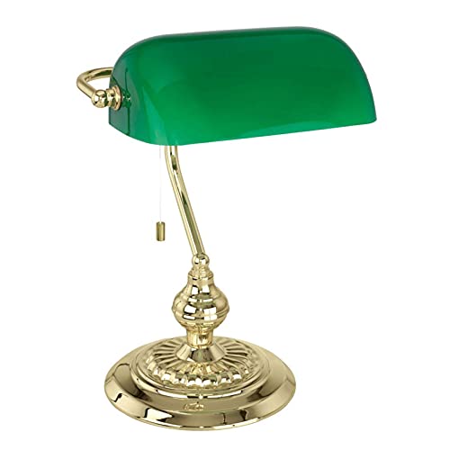 Lámpara de mesa de banquero, latón pulido, pantalla de vidrio pintado de verde, lámpara de escritorio de mesa vintage, interruptor de extracción, 1 lámpara E27 (no incluida), oficina en casa, dor